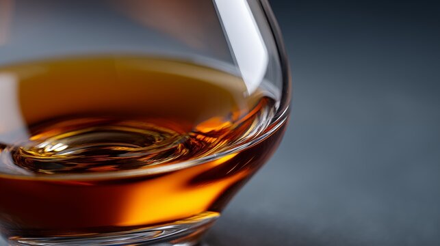 Extreme macro detail shows golden brown spirit swirling in snifter. Soft light creates warm reflections on liquid surface. Sophisticated mood on dark gray background with copy space