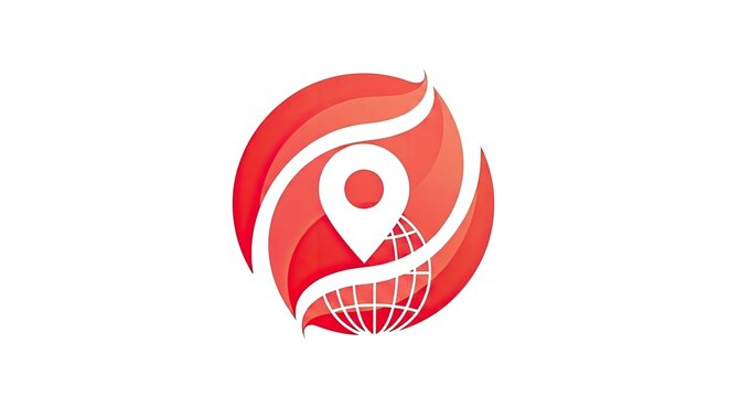 Abstract red globe logo with location pin icon.