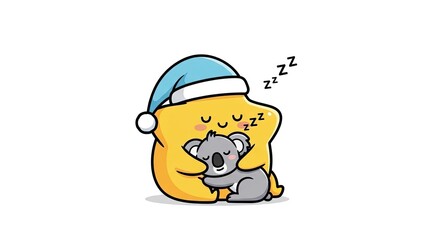 Naklejka premium Cute koala hugging yellow pillow sleeping with nightcap illustration.