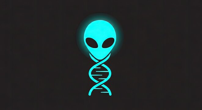 Cyan glowing alien head icon with DNA double helix.