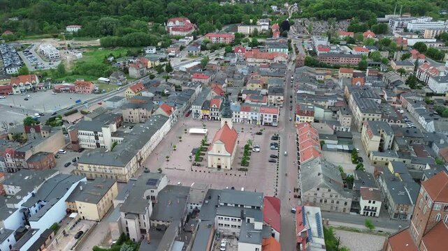 Aerial 4K ProRes Footage of Historic Town Square with Church and Surrounding Buildings