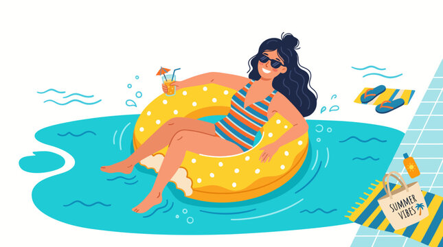 Woman relaxing on inflatable float in pool with summer vibes