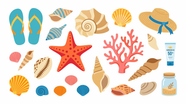 Beach summer vacation objects seashells starfish flip flops