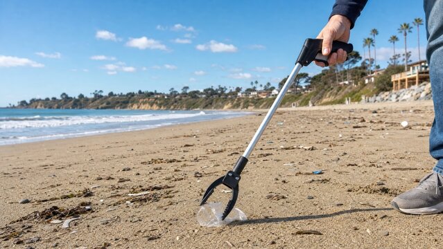 Close up of hand using trash picker tool to collect plastic litter on ocean beach