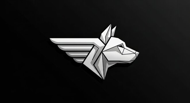 Silver geometric low poly wolf head logo on black.