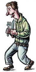 Naklejka premium hungry looking man holding knife and fork, full body
