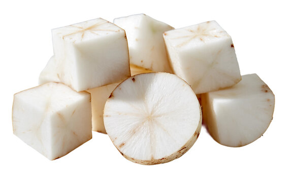Jicama cubes arranged in a symmetrical pattern showcasing crisp white texture and fresh vegetable detail Isolated on transparent background PNG