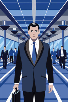 Business Professional Walking in Modern Airport Terminal Illustration Scene with Confident Expression