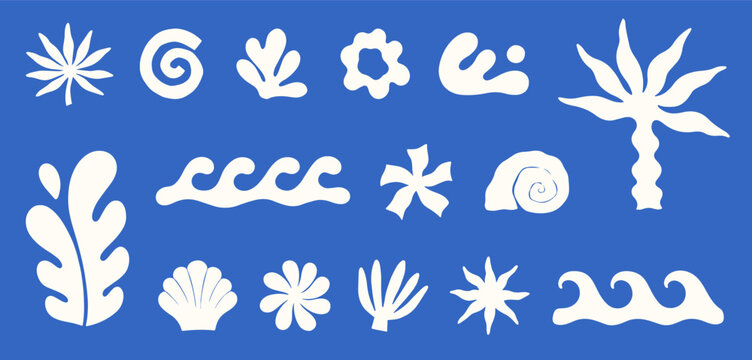 Surf elements set with abstract waves,seashells,palm tree,coral,organic tropical shapes and forms.Summer coastal clipart for surf branding,logos,beach posters,packaging,stickers,social media design.