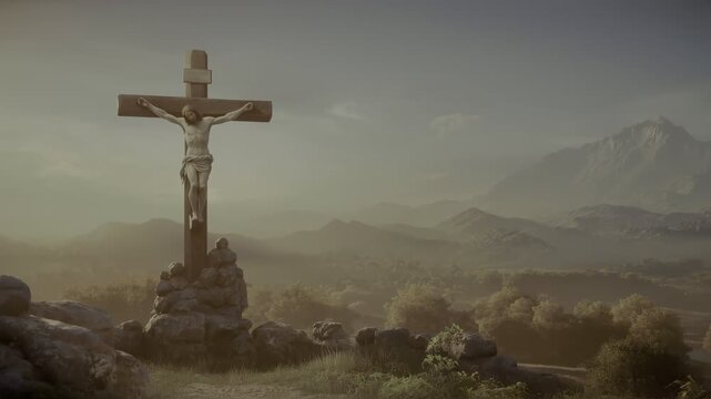 Jesus christ on the cross with a mountain landscape at sunset