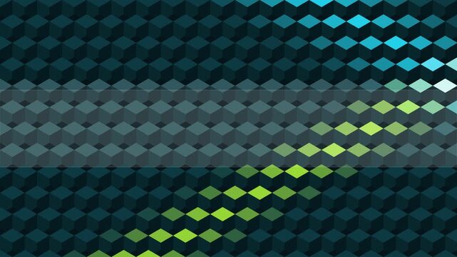 Seamless loop of vibrant 3D geometric cube pattern, animated rows of teal cyan and lime highlights flowing across dark background with smooth parallax motion, symbolizing digital transformation