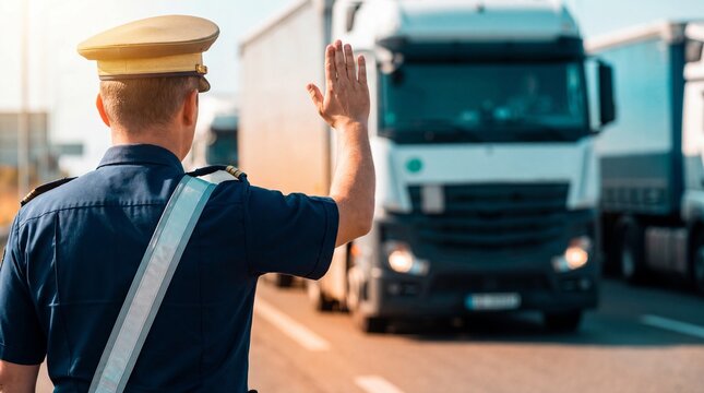 Checkpoint security officer stopping freight traffic at transport station