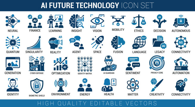 AI Future Technology Vector Icon Set: Artificial Intelligence, Deep Learning, and Quantum Computing Icons