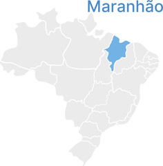Fototapeta premium Maranhão state highlighted map on Brazil map, minimalist flat design, grey and blue infographic vector element