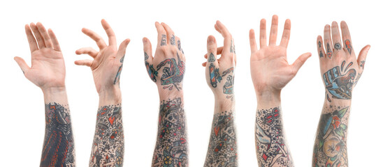 Fototapeta premium Man showing his tattooed hands on white background, set