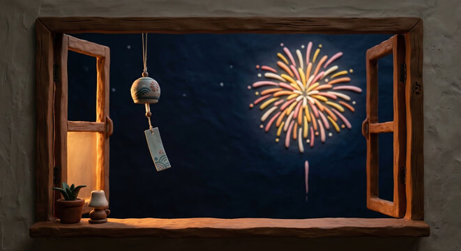 夏の夜、窓辺から望む打ち上げ花火と風鈴の情景、3Dイラスト。
