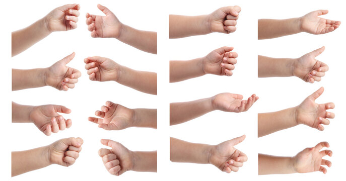 Children showing hands on white background, closeup. Collection of gestures
