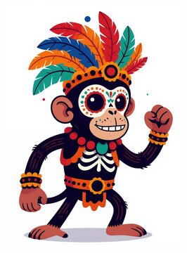 Cartoon monkey wears colorful feathers and skeleton costume for Day of the Dead celebration. Festive character with sugar skull face paint dances joyfully, representing Mexican culture and traditions.