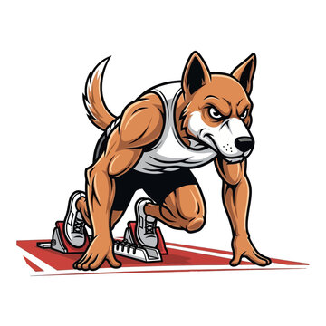 Anthropomorphic dog athlete in starting blocks ready to race.