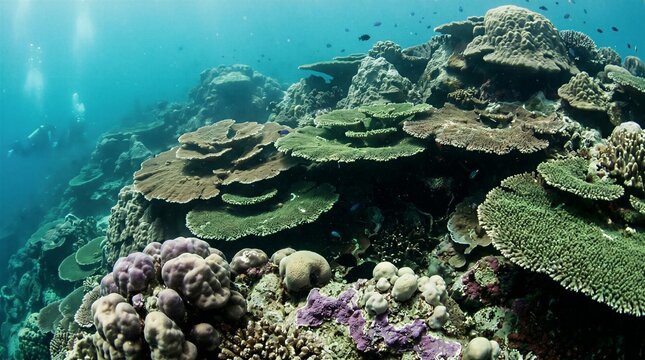 Diverse marine life inhabits a colorful coral reef structure under the clear blue ocean water with sunlight filtering from the surface.