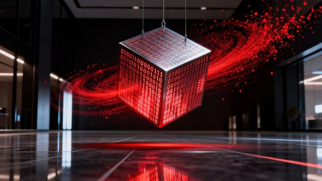 Floating cube with binary code and red light trails