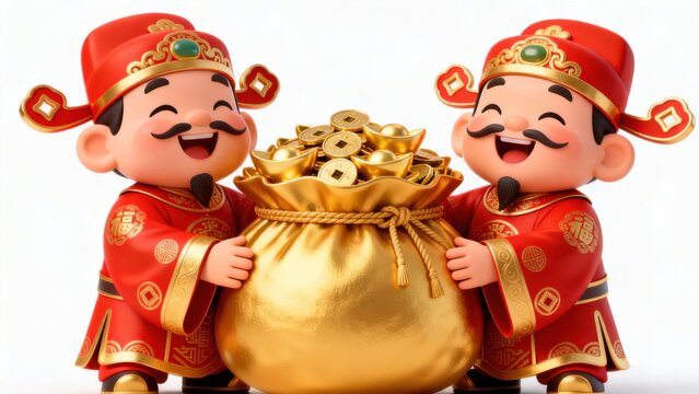 Two cartoon figures holding gold coins