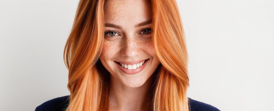 Freckled young woman smiles brightly after hair dye change. Vibrant orange hair color transformation complete. Female shows off new coiffure, beauty salon makeover.