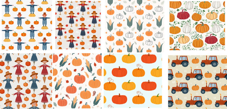 A set of eight seamless vector patterns featuring male and female scarecrows, pumpkins, pumpkins with vines, corn and cornstalks, and tractors. Clean fall‑themed illustrations suitable for seasonal de