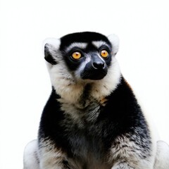 Obraz premium Black and white indri lemur with bright orange eyes looks up. Unique primate with fluffy fur sits against a plain white background. Wildlife portrait.