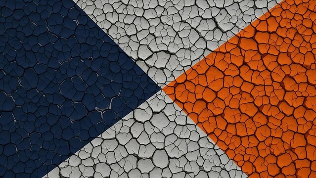 Abstract background with cracked earth texture in blue, white, and orange colors arranged in a geometric chevron pattern