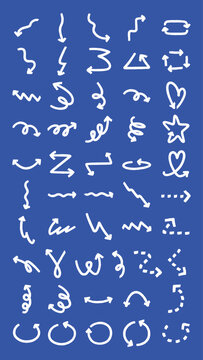 Vector set of various white arrows and lines on a blue background.