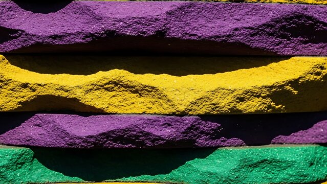 Closeup of a stacked stone wall painted in vibrant purple, yellow, and green colors, creating a textured and colorful abstract background pattern