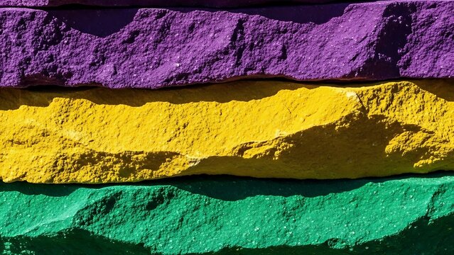 Closeup of stacked rough stones painted in vibrant purple, yellow, and green colors, creating a textured and colorful abstract background pattern
