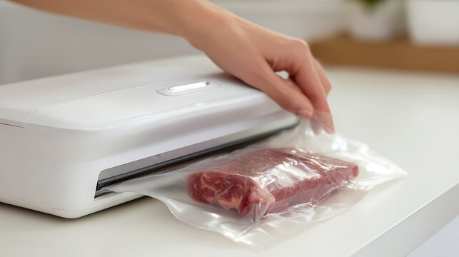 Close-up of a person's hand placing raw meat in a vacuum sealer bag for food preservation on a clean white kitchen counter