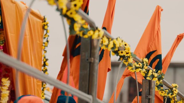 Indian Sikh religious flags fly during the cultural festival