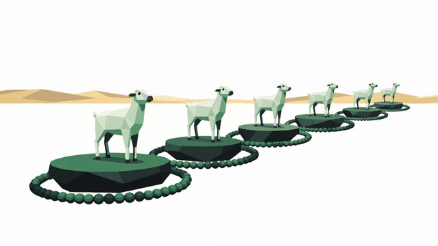 Several white goats stand on green platforms in a desert landscape
