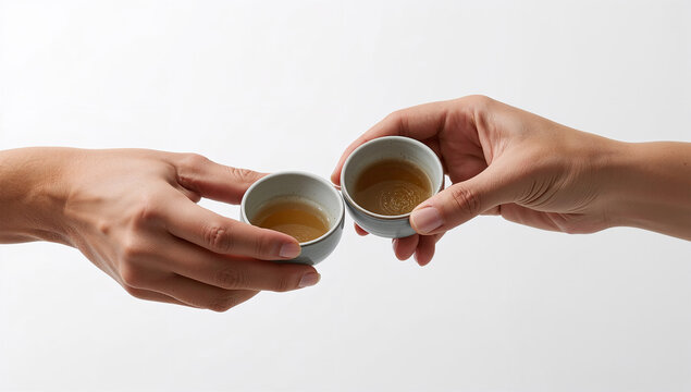白背景で日本人が盃を合わせる乾杯の写真素材
