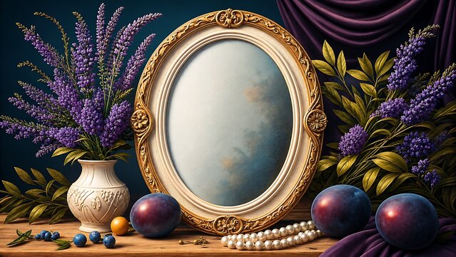 ornate oval vintage frame with pearls flowers for elegant invitations