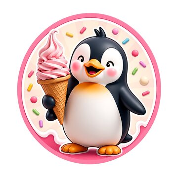 cute penguin mascot holding ice cream cone with pink circle backdrop