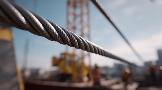 Close-up of a sturdy steel cable at a construction site, with soft-focus industrial background, suggesting strength and diligent work