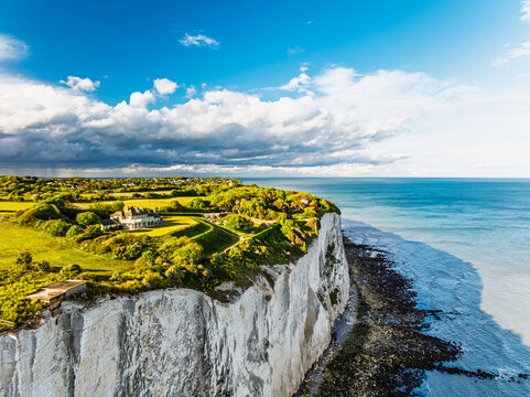 South Foreland Lighthouse from a drone, South Foreland in St. Margaret's Bay, Dover, Kent, England