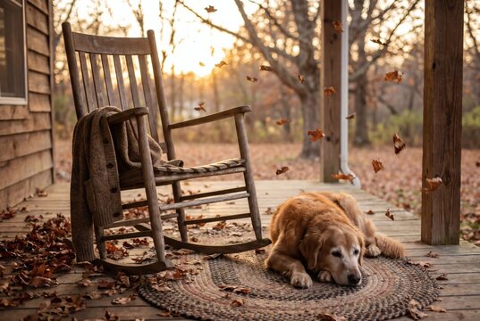 Empty Wooden Rocking Chair with Draped Knit Cardigan and Faithful Golden Retriever Dog Resting on Autumn Porch at Sunset