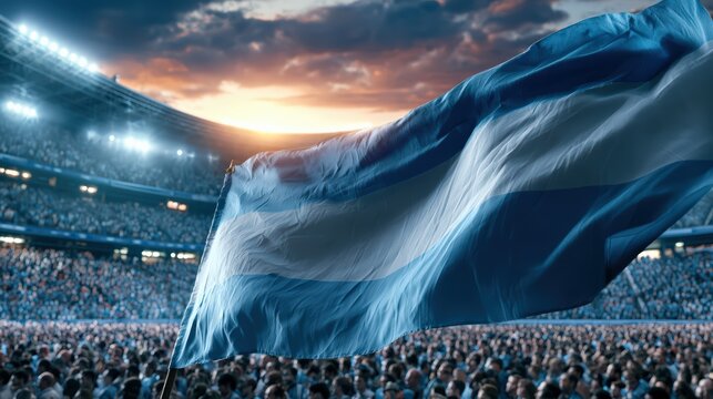 Large Argentinian Flag Waving Over Crowded Soccer Stadium