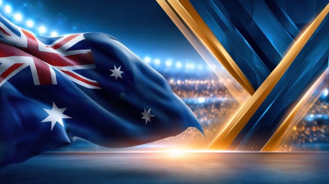 Waving Australian Flag and Stadium Lights with Gold Elements