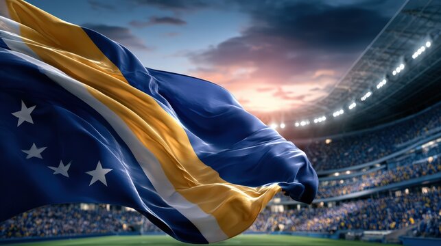Waving Flag of Chuuk State in a Sports Stadium at Sunset