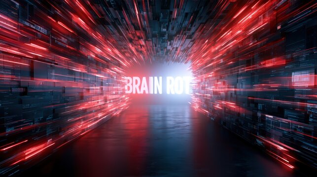 Conceptual Brain Rot Tunnel with Glowing Red and Blue Light Trails