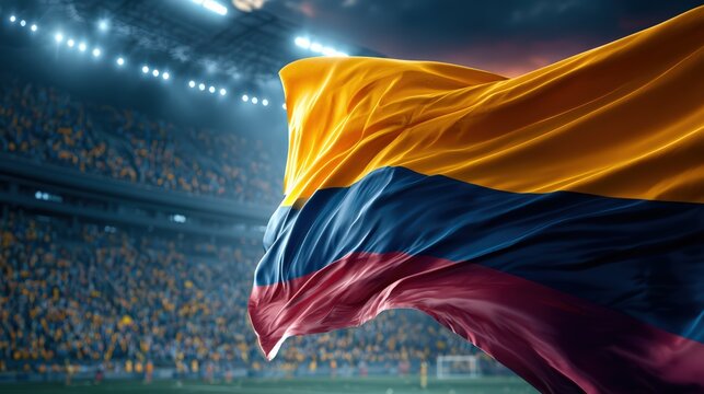 Waving Colombian Flag in a Stadium During a Sporting Event