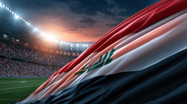 Waving Iraqi Flag Overcrowded Sports Stadium During Championship Event