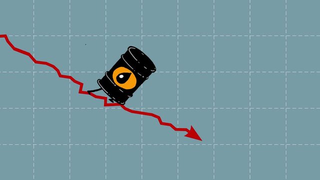 Barrel of oil equivalent rate still goes down seamless loop. Walking down petroleum fuel symbol animation. Cartoon character animated falling fast. Funny business animation background diagram.