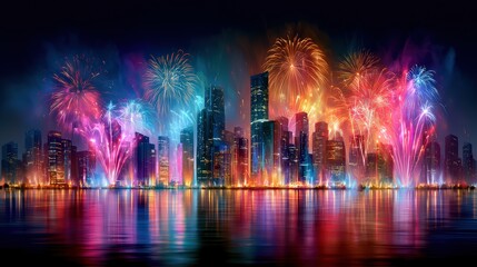 Fototapeta premium Vibrant City Skyline with Explosive Fireworks Celebration at Night